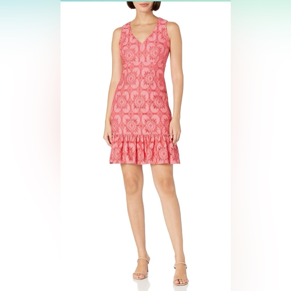 Trina Turk Coral Pink Floral Lace Mini Dress